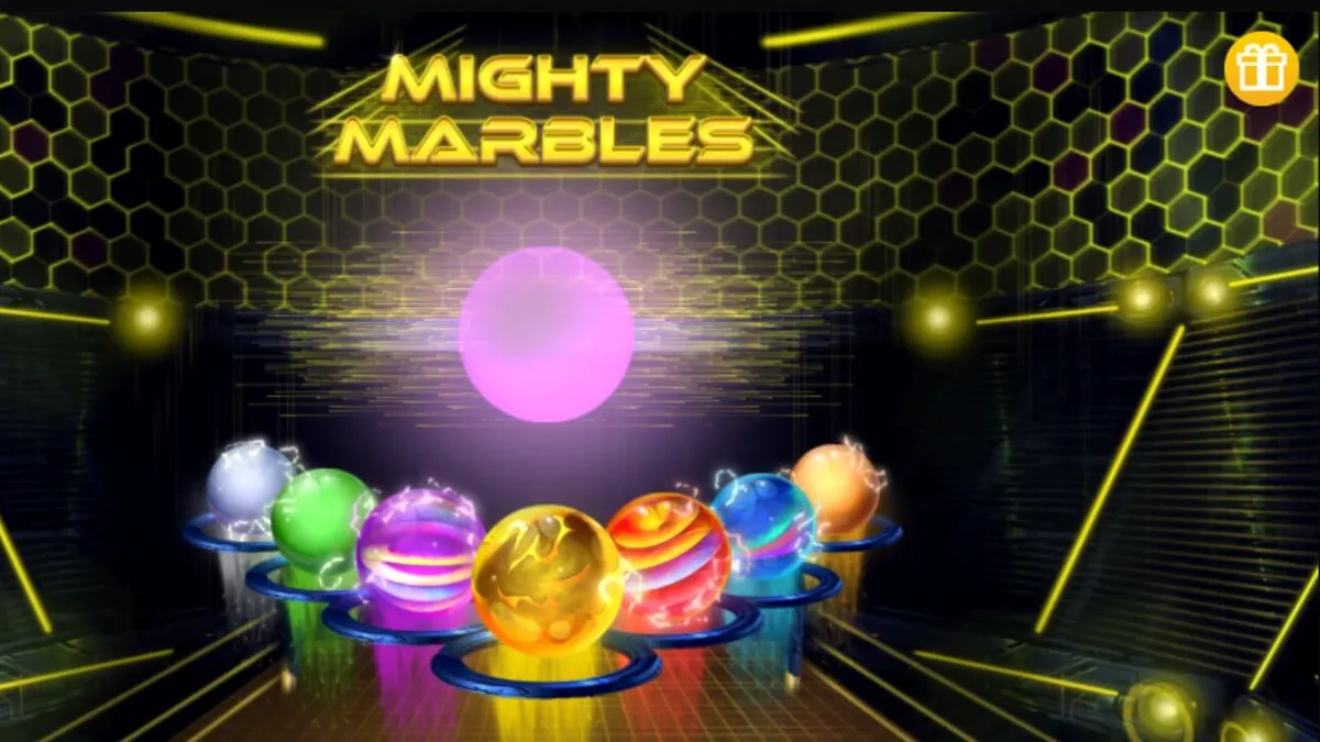 Mighty Marbles slot machine interface na may neon space theme at cluster pays grid.
